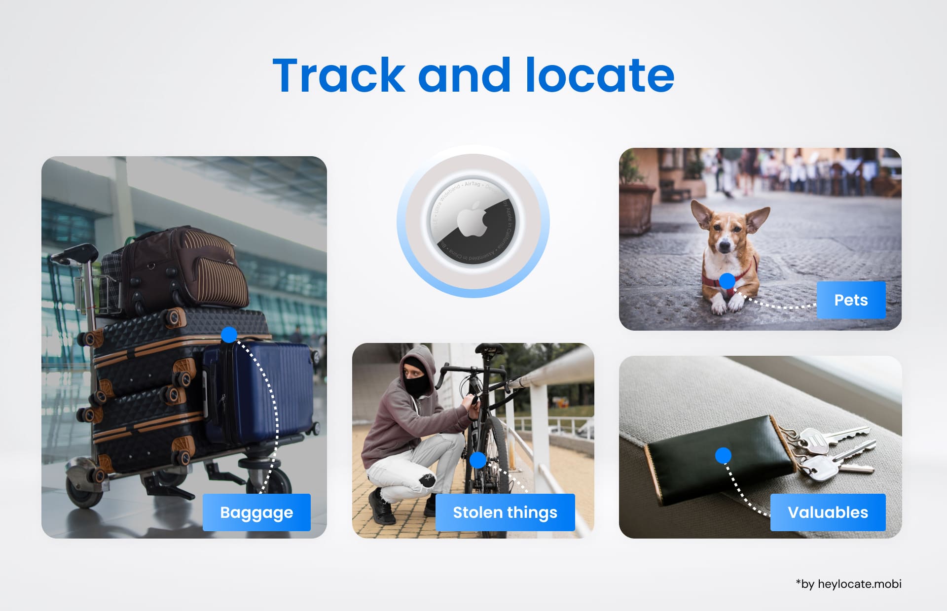 Examples of things that can be found with AirTag: pets, luggage, stolen items, valuables