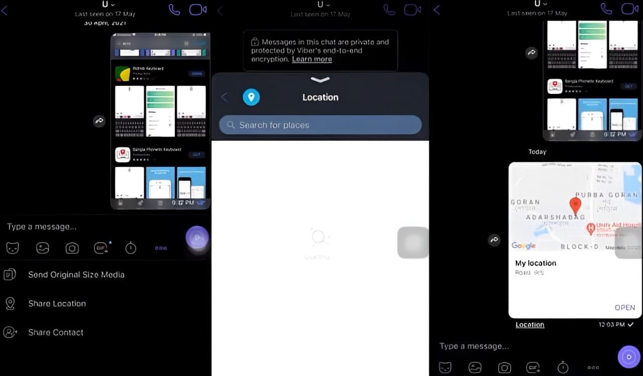 Image of three screenshots of Viber's location sharing feature 