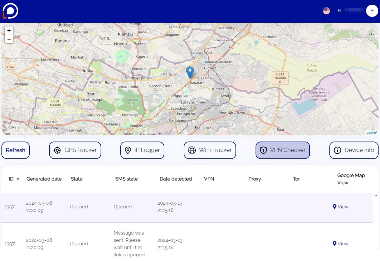 View of the Locationtracker.mobi website, showing information with the result of the search via VPN tracker function.
