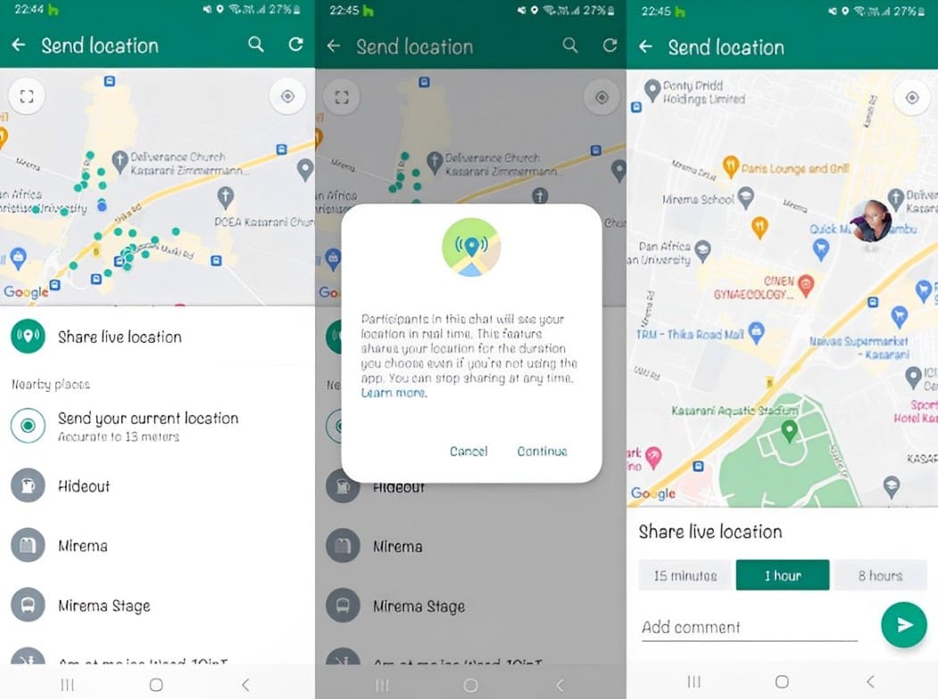 An image of how to share a live location on the WhatsApp messaging app