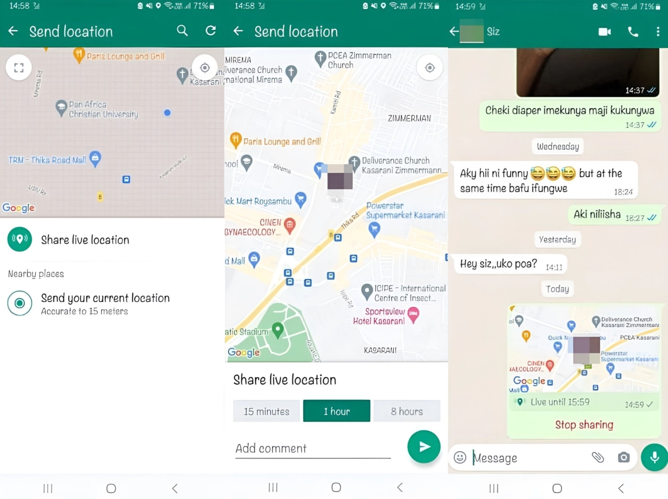 An image of live location sharing on a WhatsApp chat