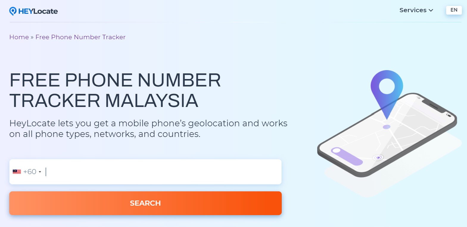 Free phone number tracker Malaysia form on HeyLocate.mobi website