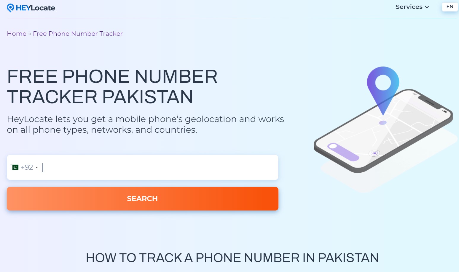 HeyLocate Free phone number tracker Pakistan homepage with a form to enter phone number with Pakistan phone country code