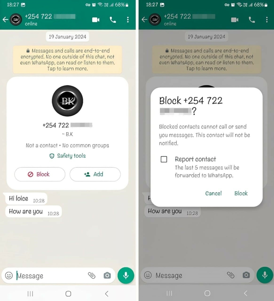 An image of how to block a contact on WhatsApp