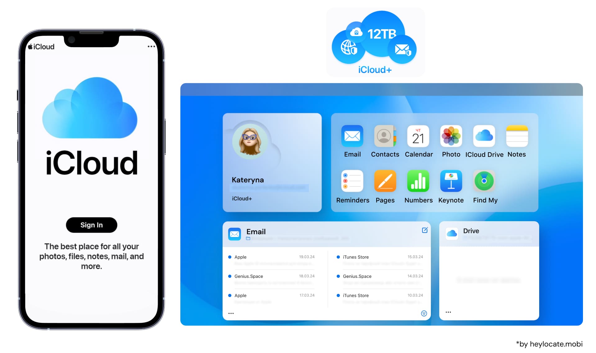 Screenshots showing a smartphone with iCloud sign-in screen and a desktop interface displaying iCloud storage and services.