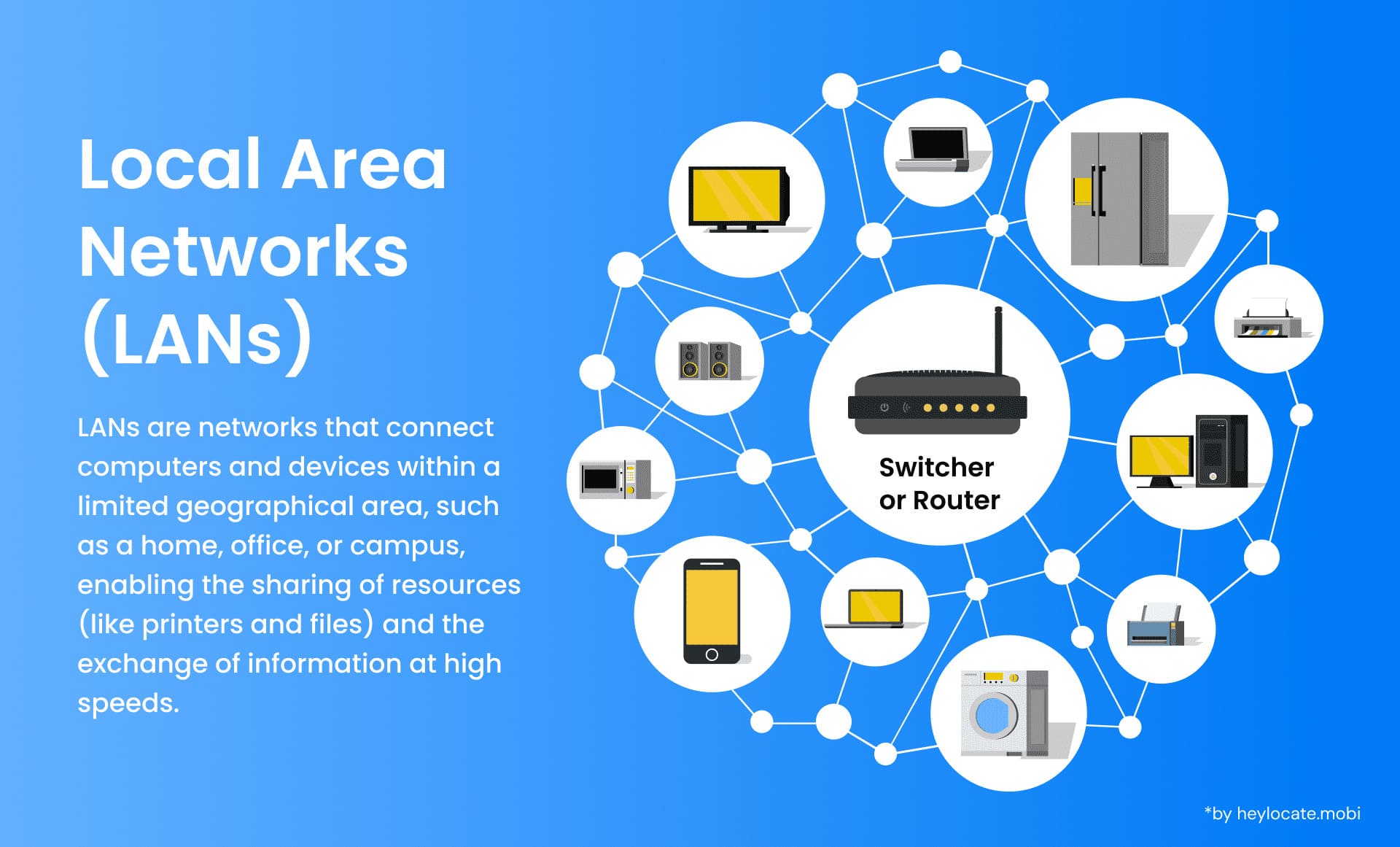 Graphic detailing what Local Area Networks (LANs) are, including a diagram showing various devices connected in a LAN, highlighting the central role of switches and routers