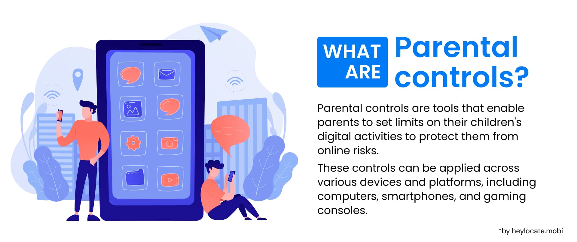 An infographic defining parental controls with illustrations of a parent and child using devices with control settings