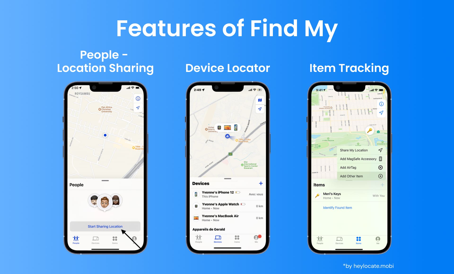 Screenshots showcasing the Find My app's features for location sharing with people, device locator for Apple products, and item tracking for personal belongings like keys with AirTags