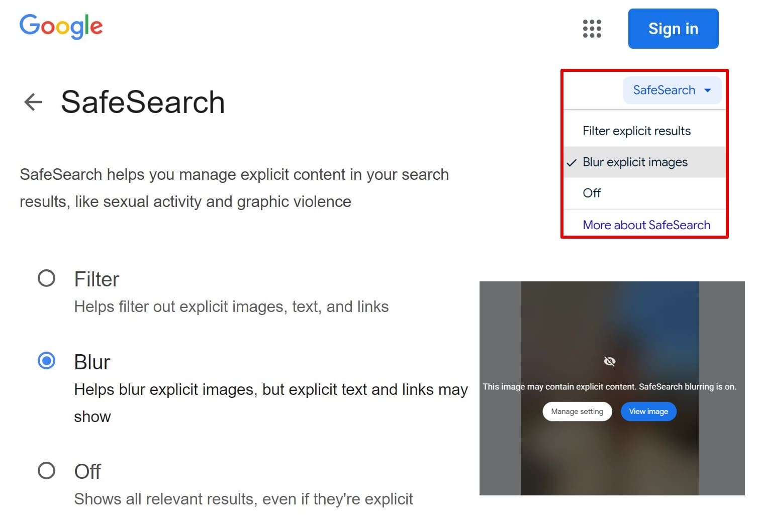 A screenshot showing Google's SafeSearch settings page with options to filter and blur explicit content
