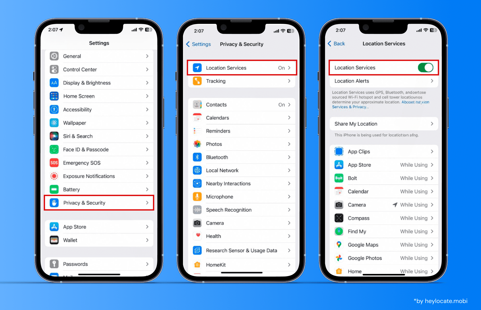 Three screenshots showing the steps to manage the Location Services settings on your smartphone: settings - privacy & security - Location Services (on/off)