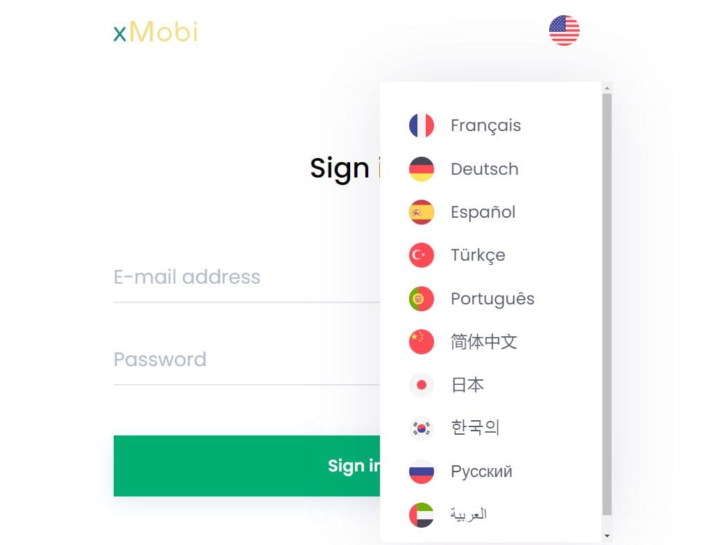 View of the list of 11 languages that xMobi supports