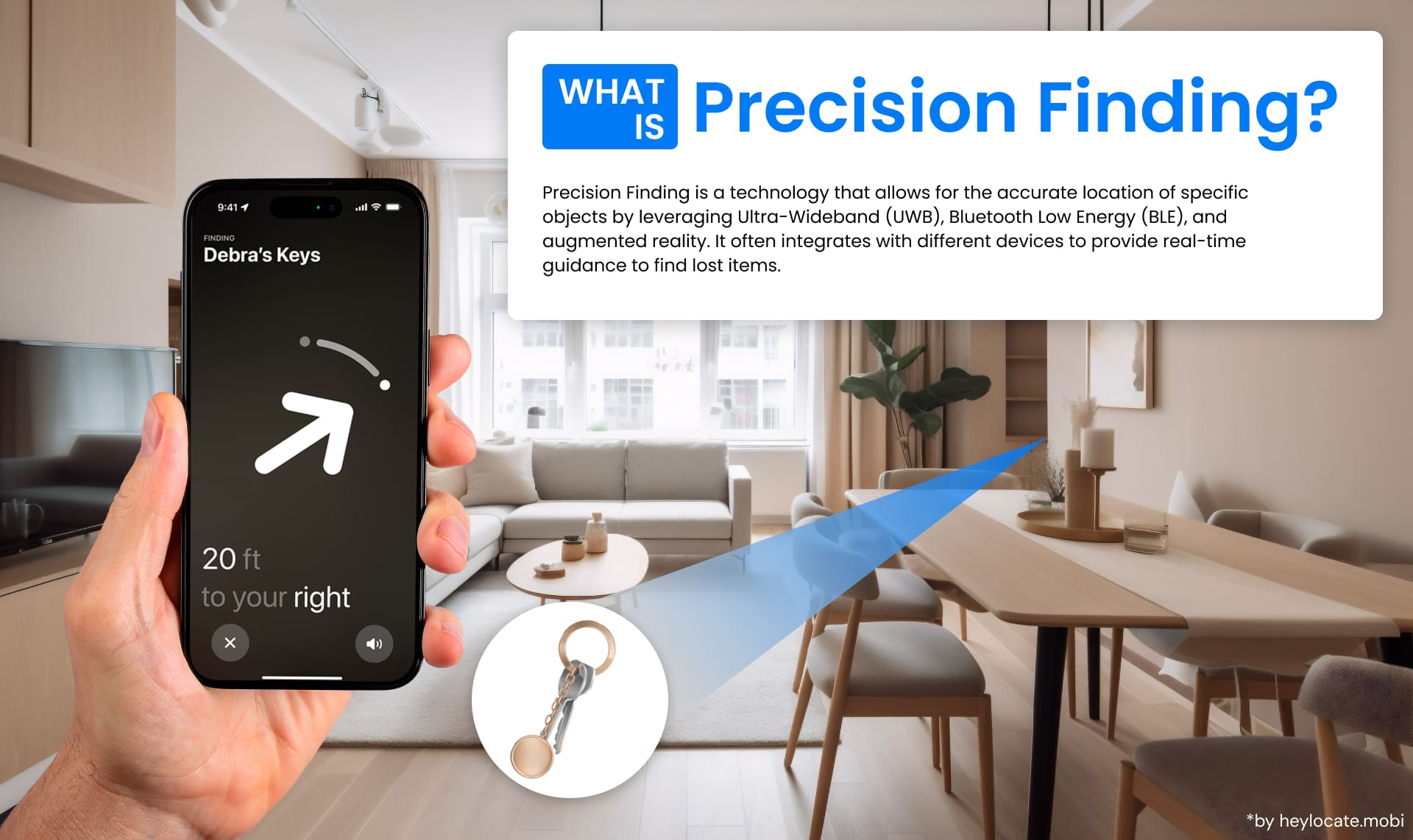An image illustrating the concept of Precision Finding using a smartphone to locate a thing, for example, keys, highlighting the use of UWB and BLE technology.