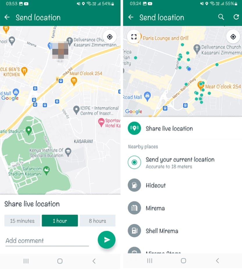 An image of location sharing on WhatsApp