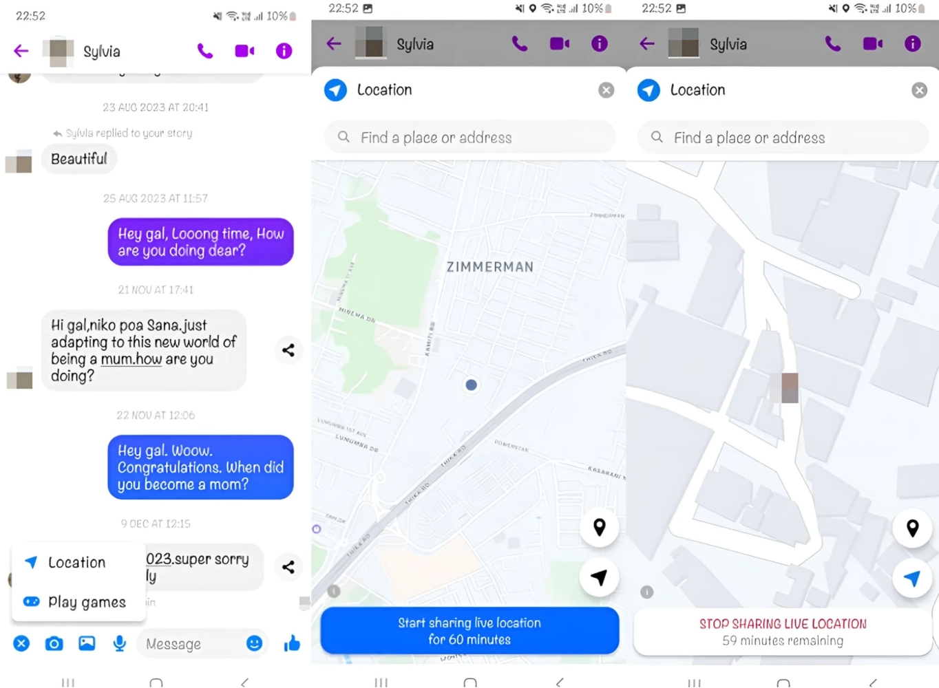 An image of sharing location using Facebook Messenger