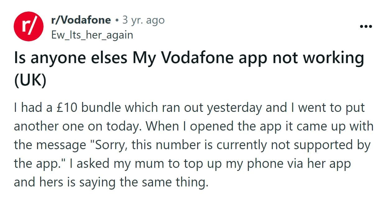 Negative user review on Vodafone app on Reddit