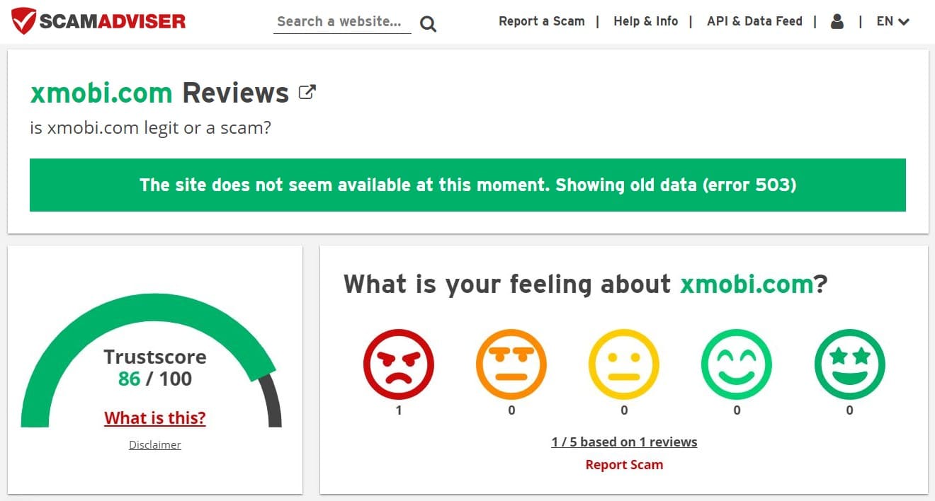 View of the Scamadviser site showing the trust rating for xMobi