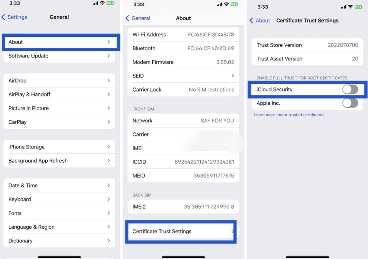 Three screenshots of setting up xMobi on iPhone enabling iCloud Security