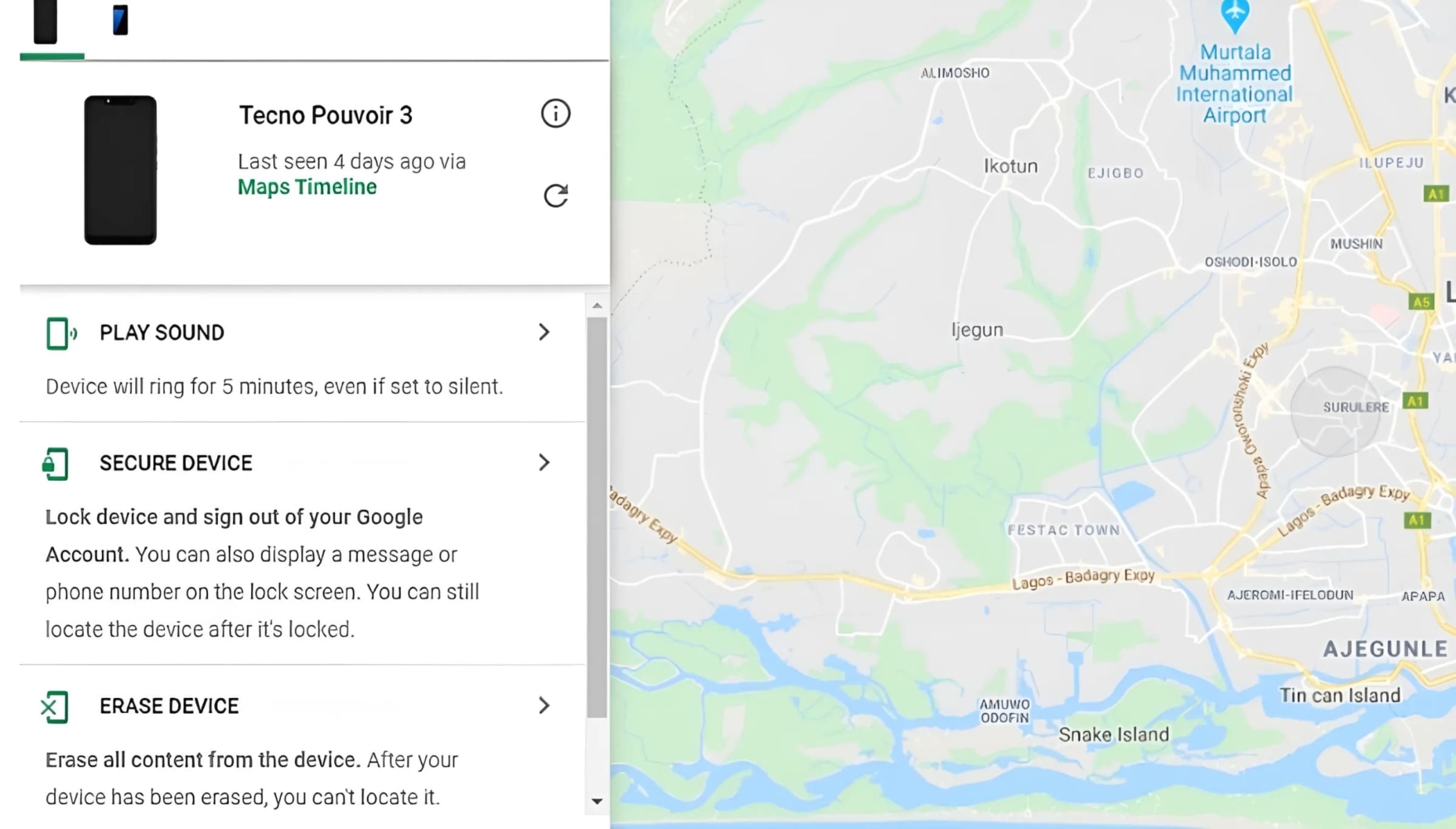 An image of tracking a Tecno Pouvoir 3 on Google Find My Device
