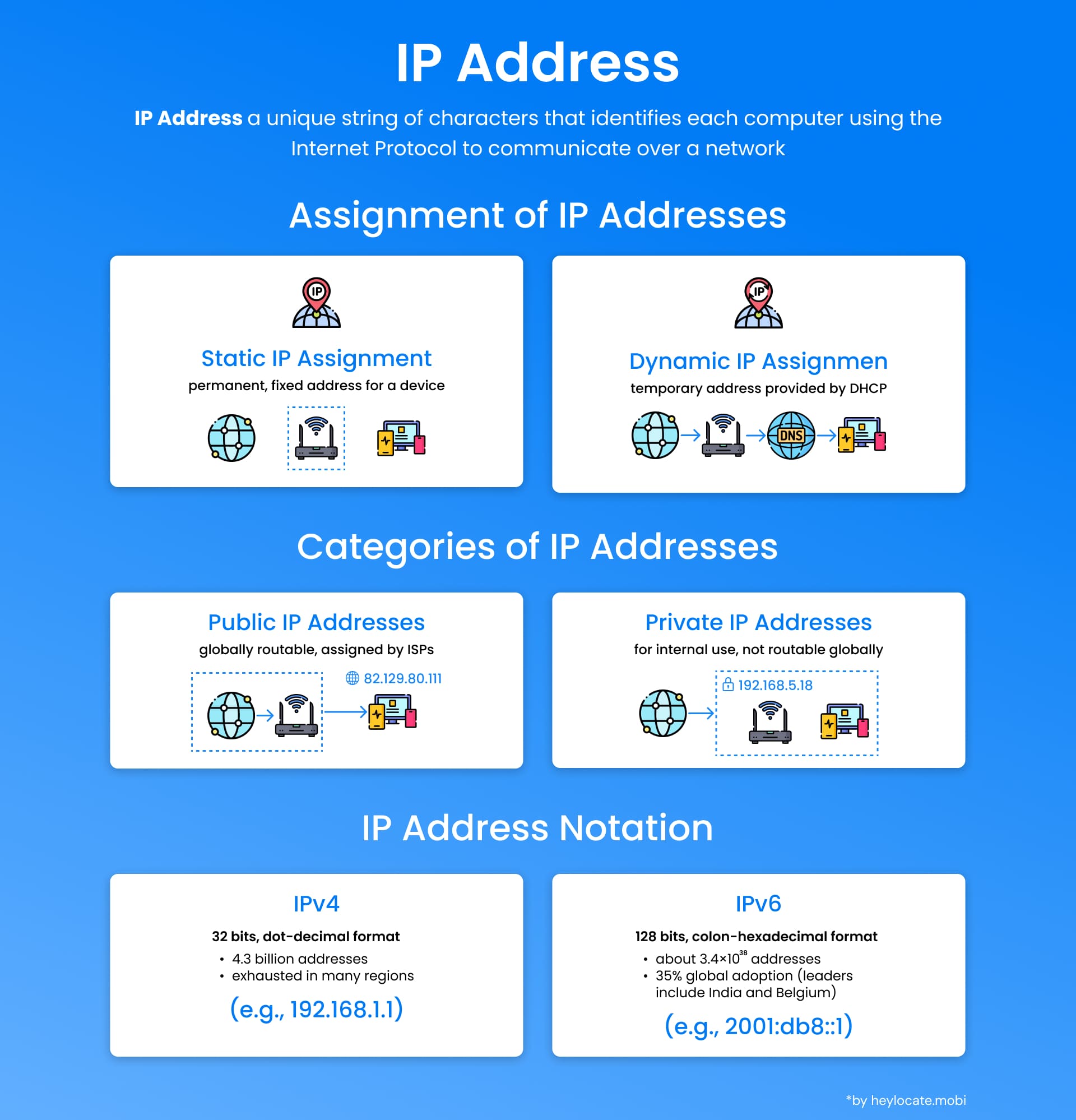 A graphic explaining IP addresses, including static and dynamic assignments, categories, and IPv4 vs. IPv6 notations