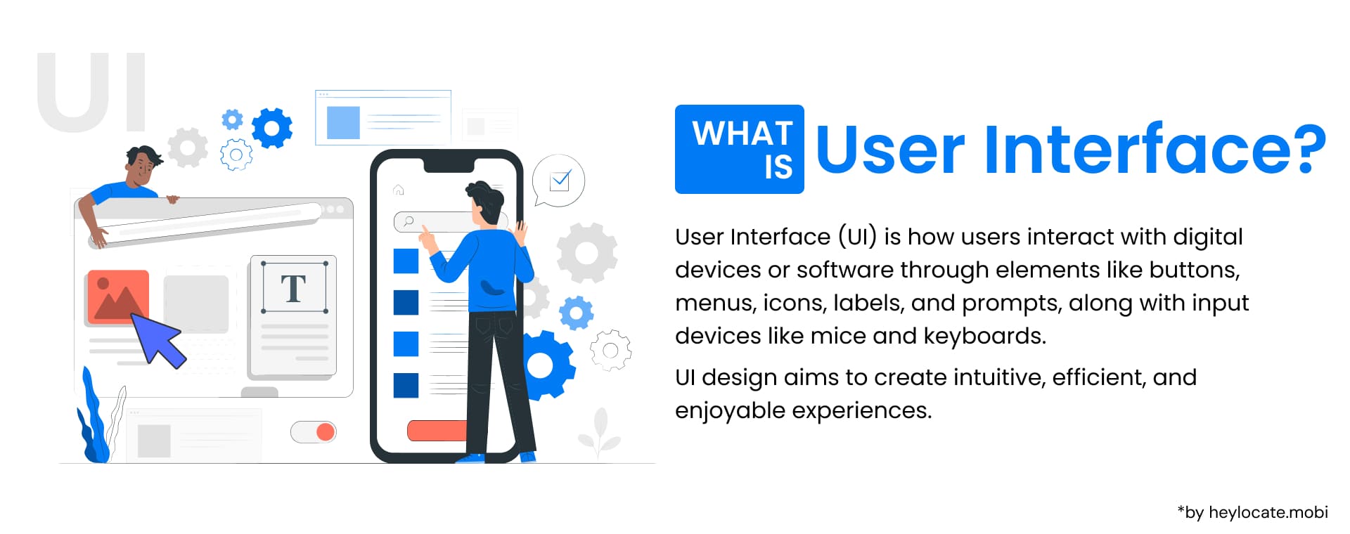 Diagram explaining User Interface (UI) with icons representing buttons, menus, and prompts, and figures interacting with a computer and mobile device