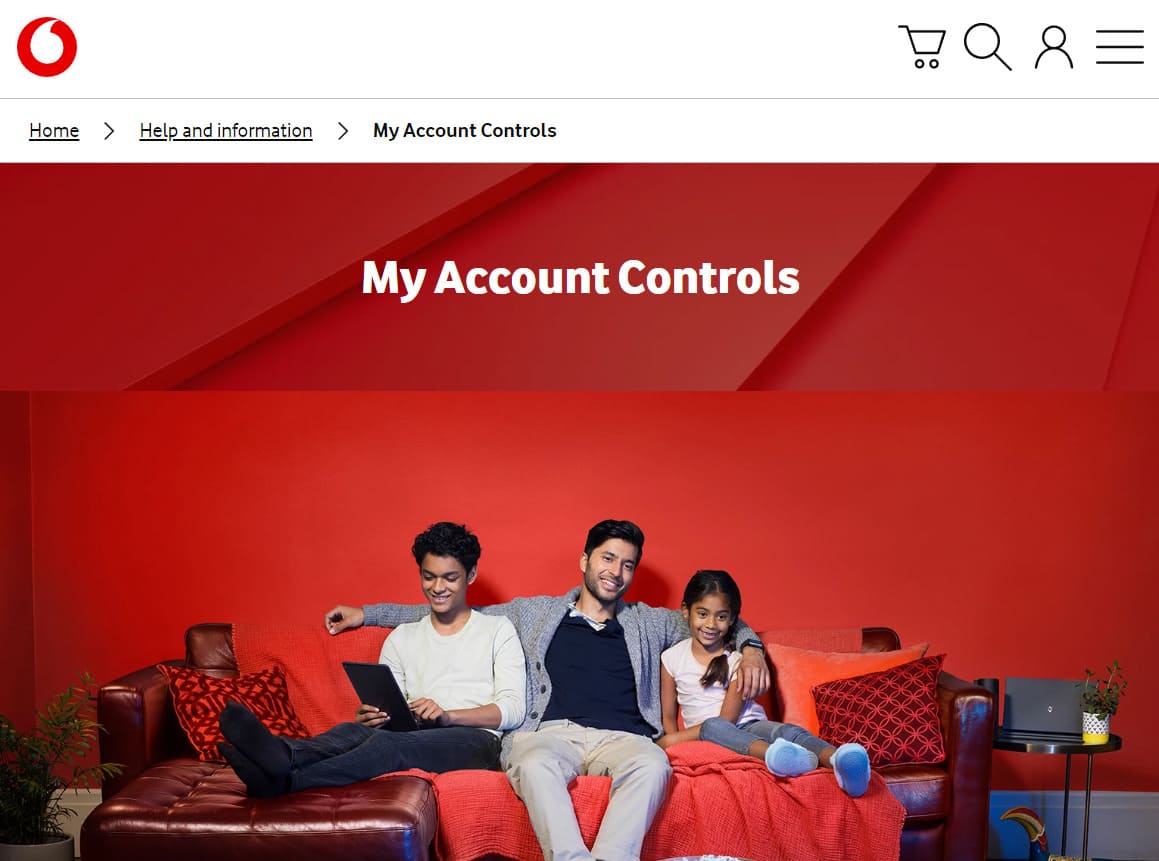 An image of Vodafone account controls page on its website