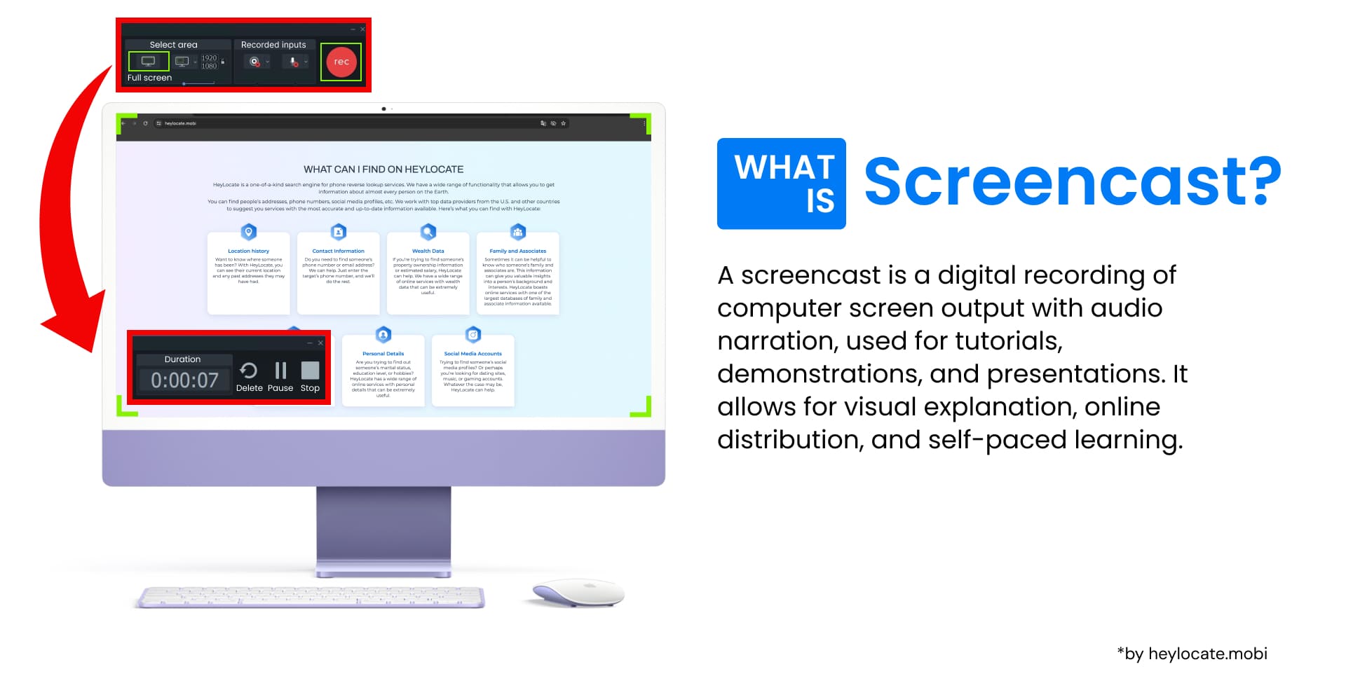 An image showing a computer with a screencasting application interface and the definition of what screencast is.