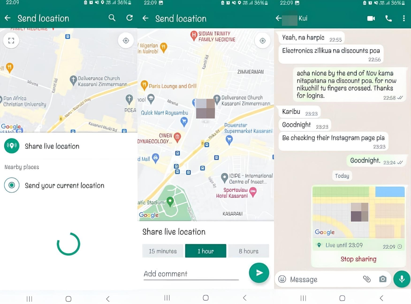 An image of the live location sharing feature on the WhatsApp messaging app