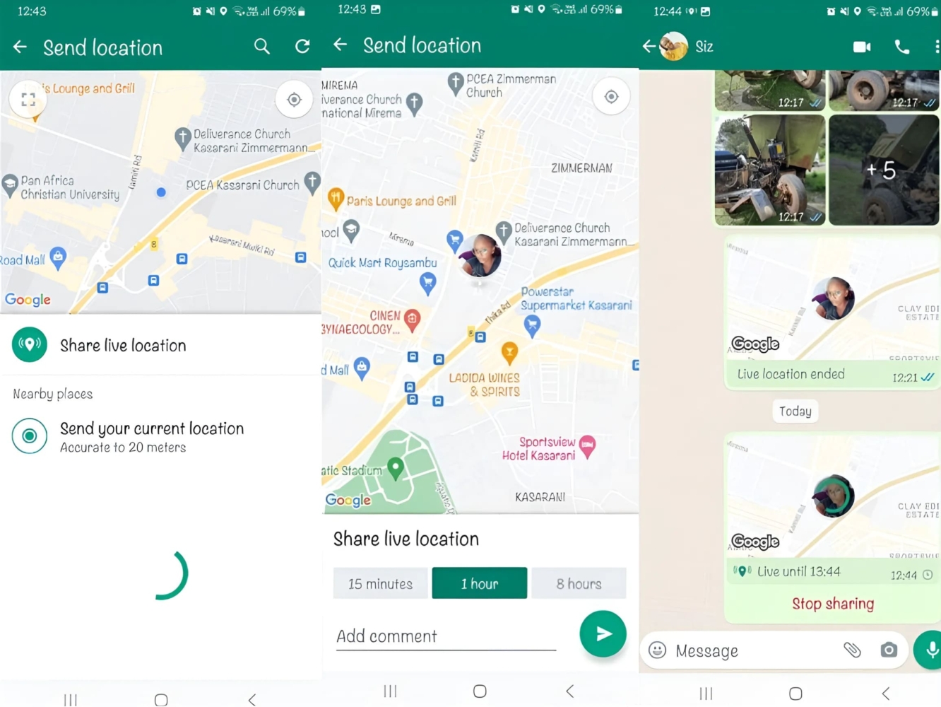 An image of live location sharing on the WhatsApp messaging app