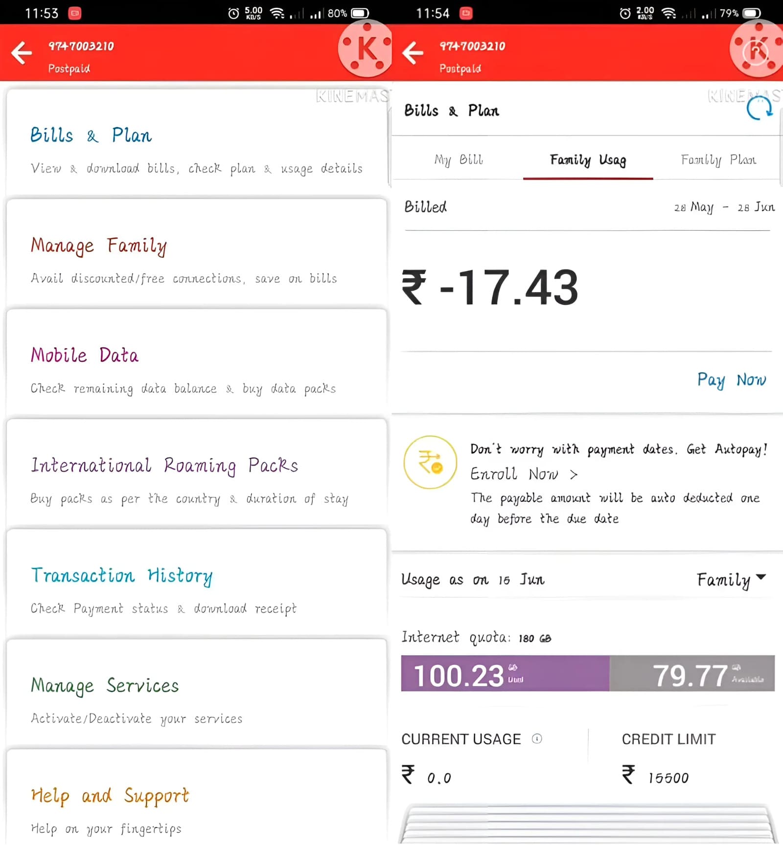 An image of checking data use for family members on Airtel Family plan
