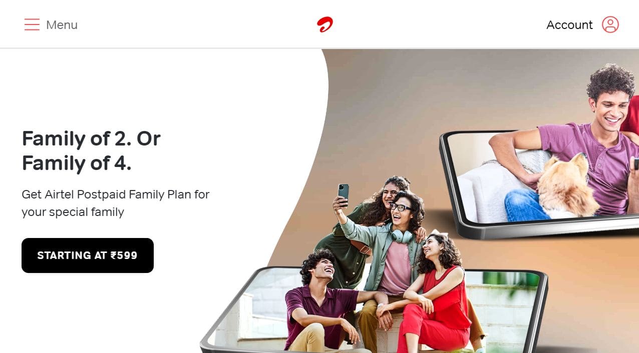 An image of Airtel homepage for the family plan
