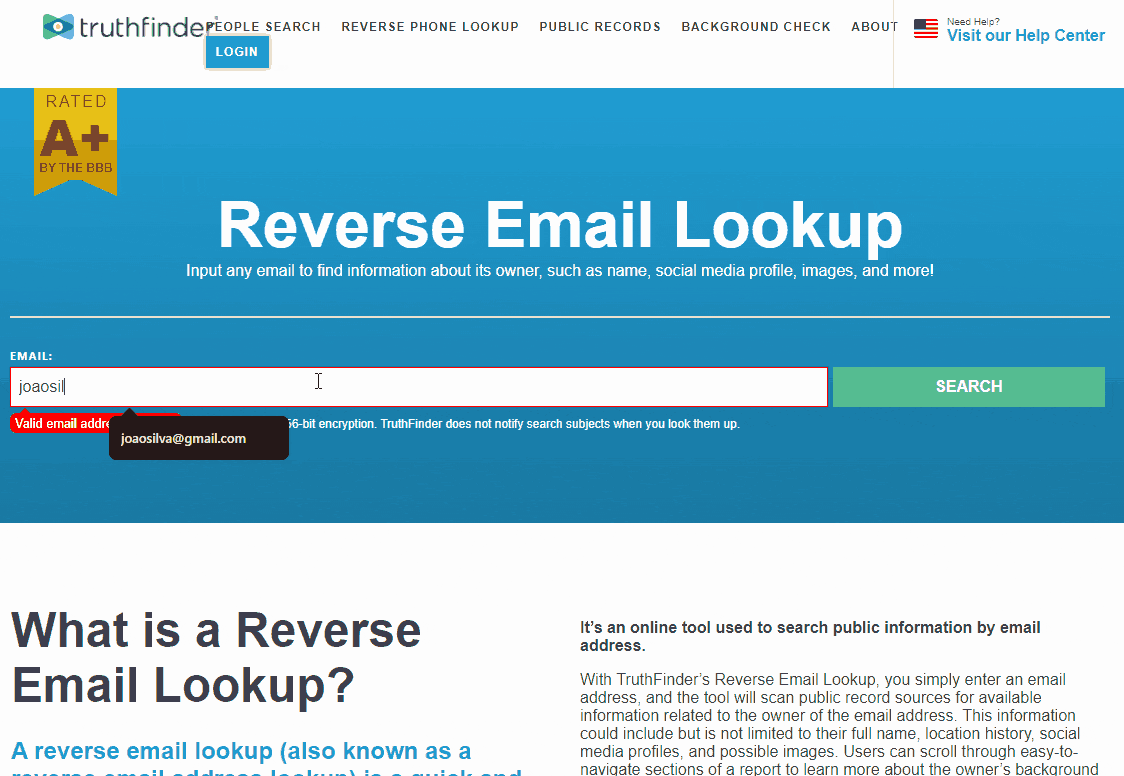 An image of TruthFinder performing a reverse email lookup