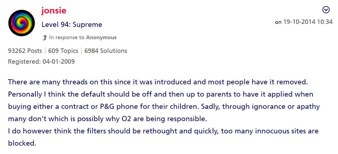 An image of a neutral comment about O2 parental controls