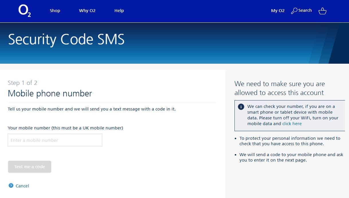 Image of the second step of how to set up parental control on o2, entering the phone number