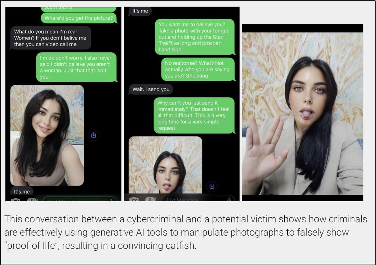 Screenshot of the conversation between a potential victim and a sextortion cybercriminal who used generative AI to create the illusion of a real girl