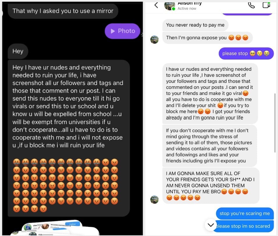 example of instagram message from sextortion criminal