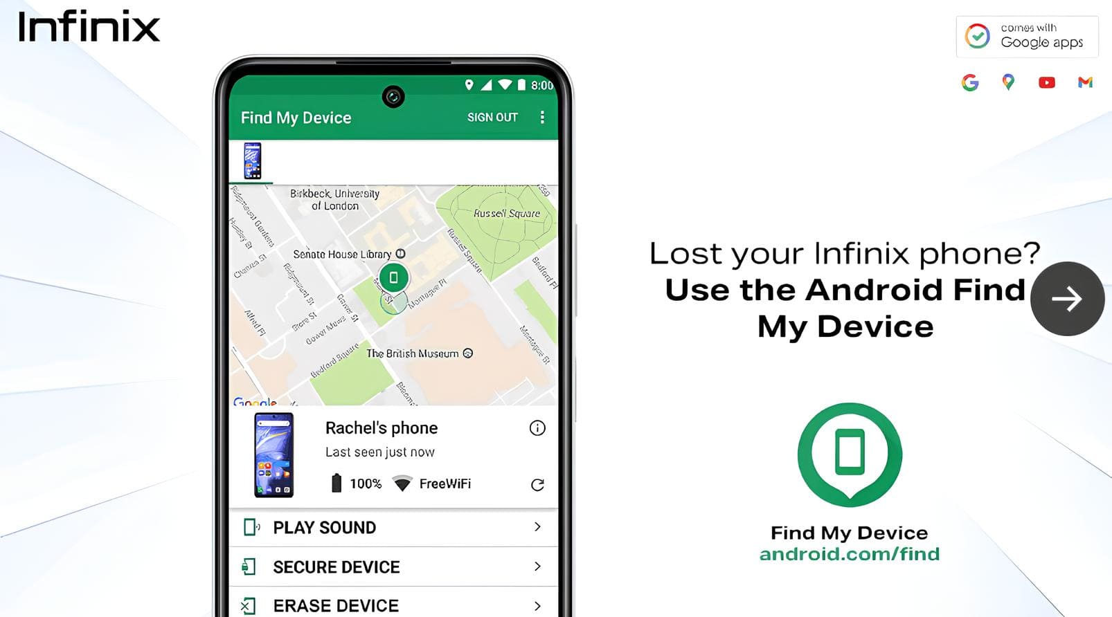 An image showing Google Find My Device locating an Infinix phone