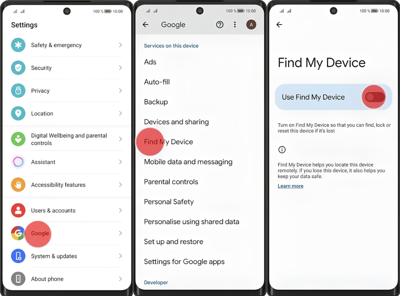 An image of setting up Google Find My Device on Honor Phone