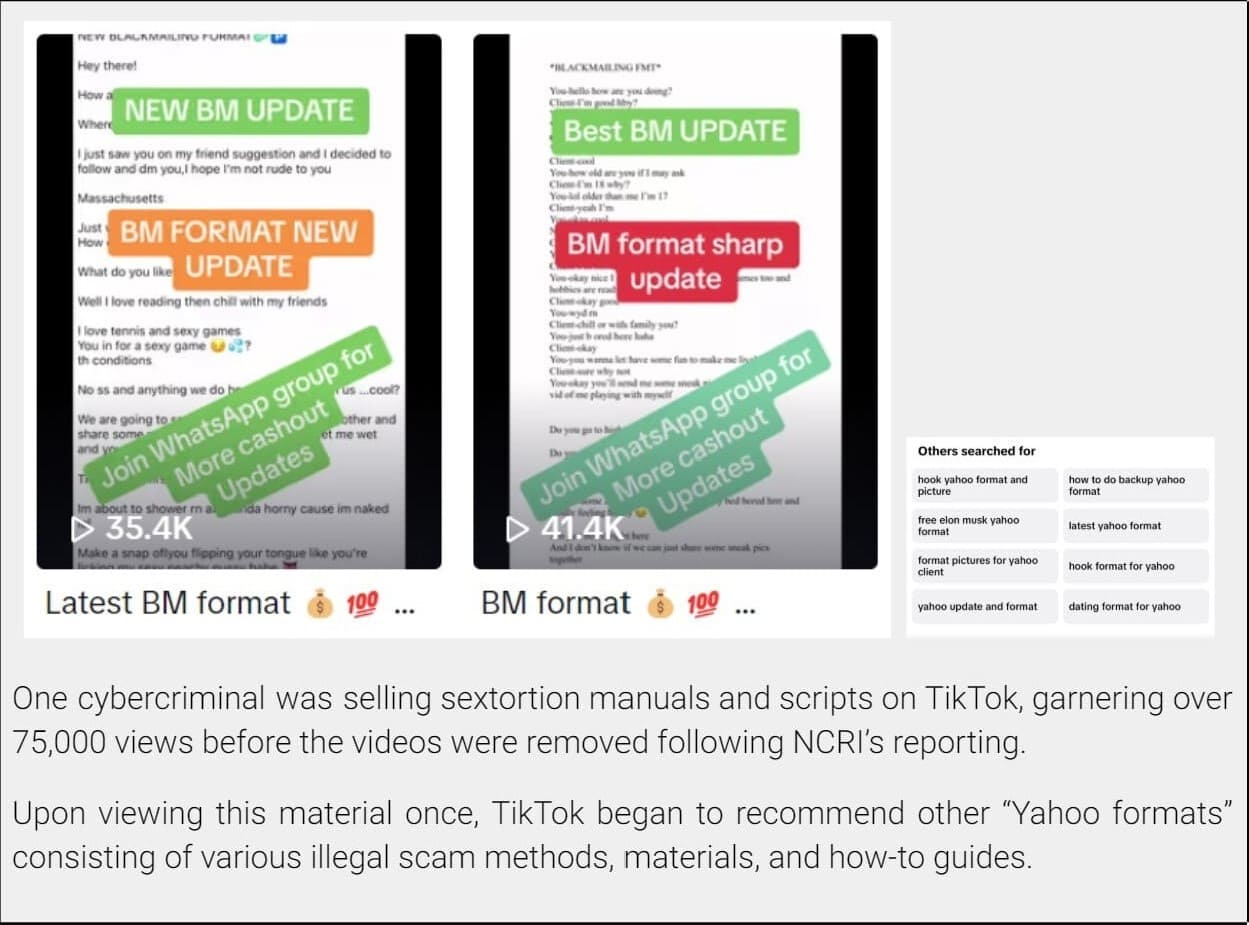 Screenshots of sextortion manuals and scripts found on TikTok that garnered over 75k views