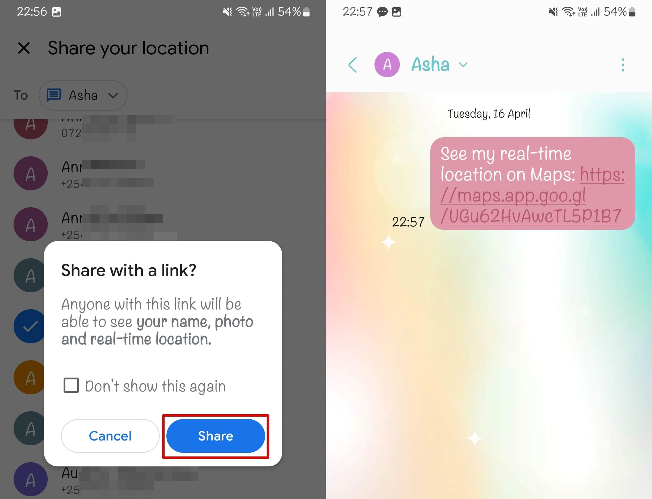 selecting a contact and sending an SMS with a link to the geolocation