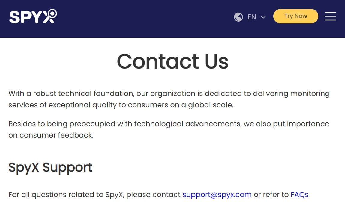 An image of the SpyX contact support page