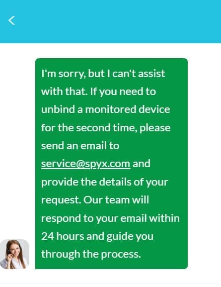 An image of the SpyX customer support chatbot