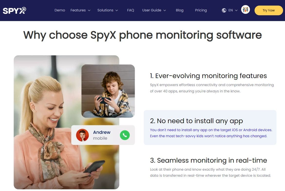 A screenshot from the website page with the three benefits of SpyX for the phone