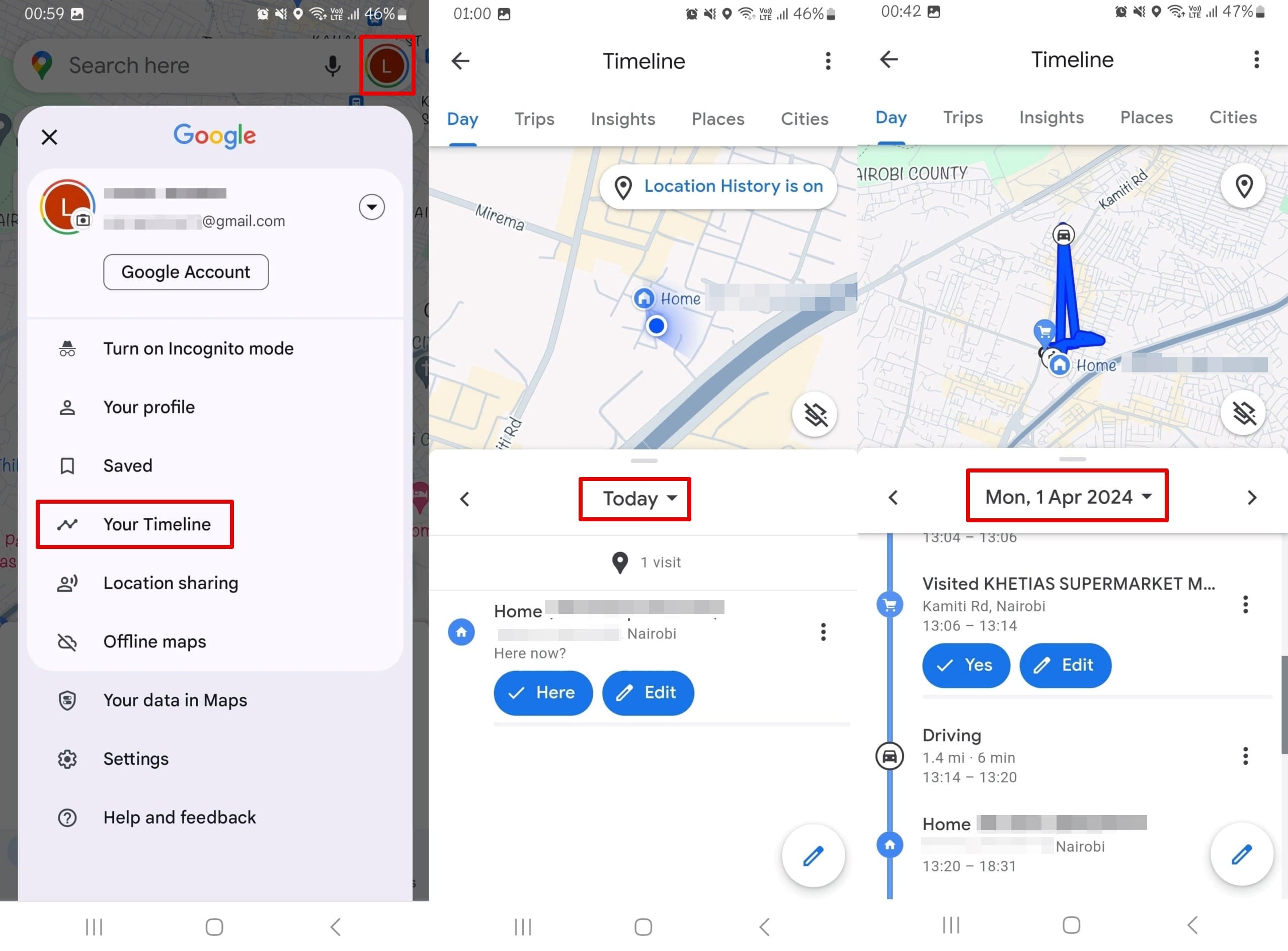 An image of how to see your Timeline on Google Maps