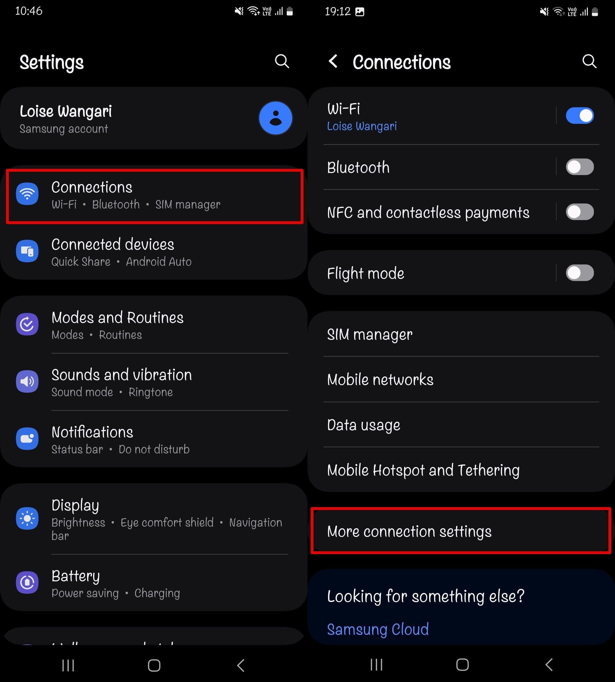 An image of how to access the Connections menu on Android