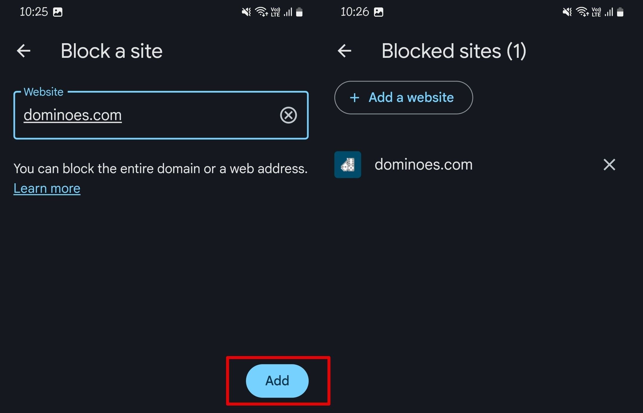 An image of adding a website on the block menu on Family Link