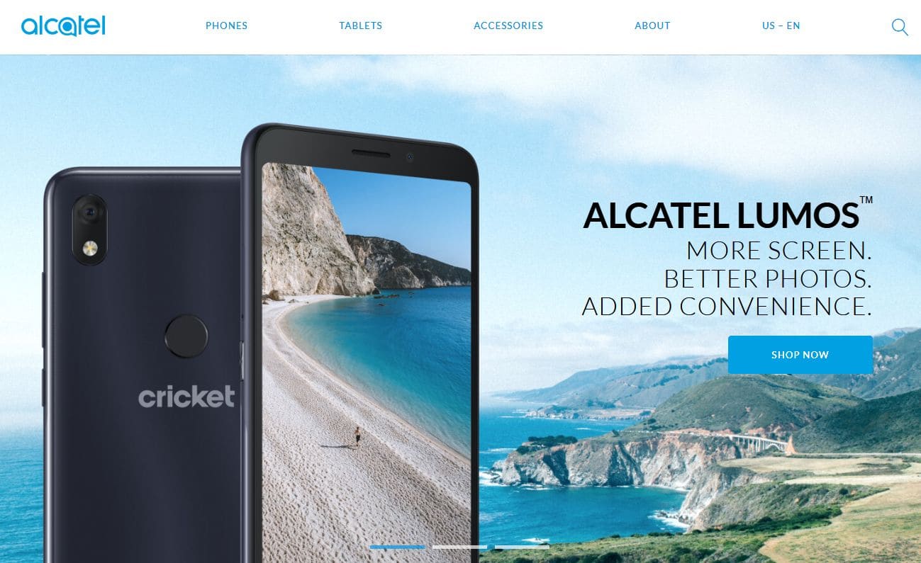 An image of the Alcatel Mobile Website showing the Alcatel Lumos phone