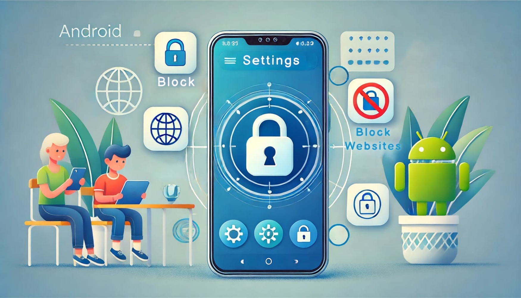 Illustration of an Android phone with a settings screen showing a padlock icon, surrounded by icons for blocking websites, and two people using devices