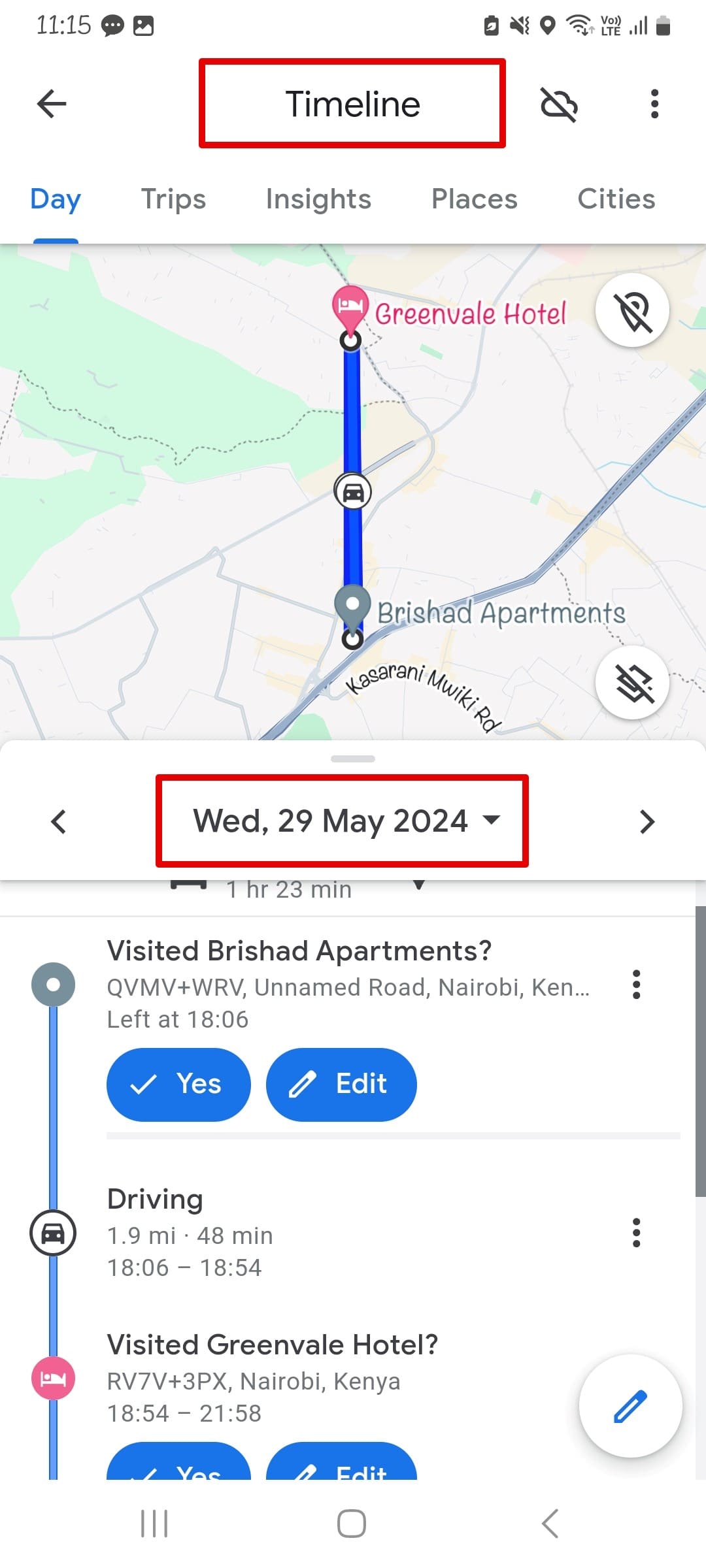 An image of showing a phone’s timeline on Google Maps
