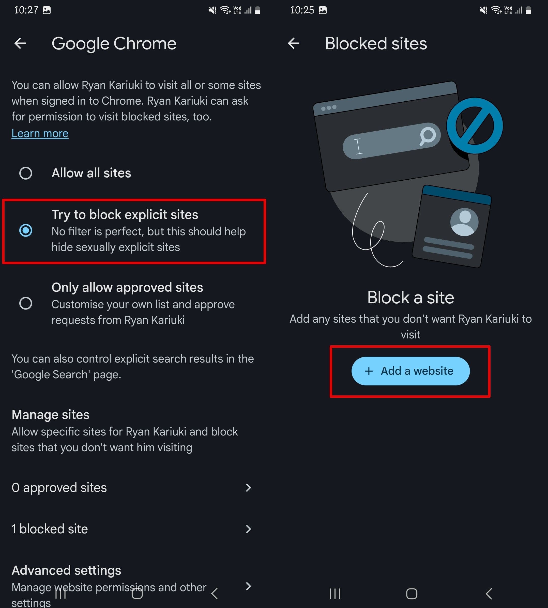 An image of how to access the blocked list menu on Family Link