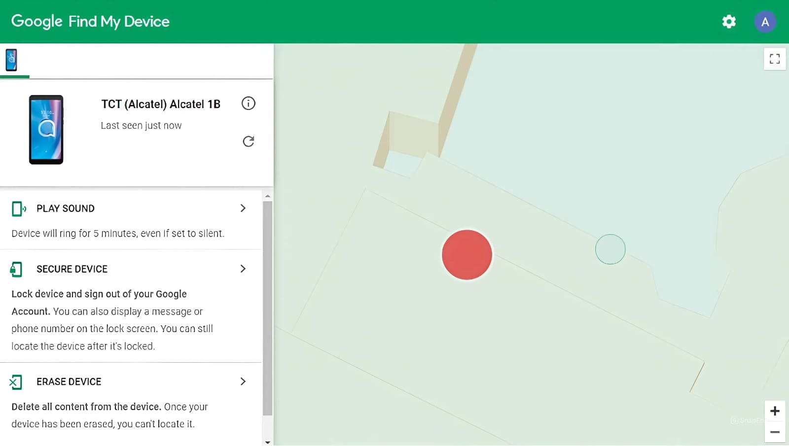 An image of Google Find My Device showing the location of Alcatel phone on Google Maps
